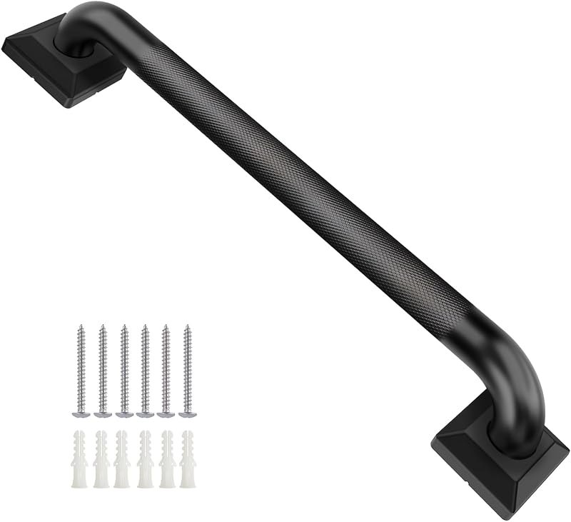 Shower Grab Bars for Seniors, 12 Inch Square Matte Black Bathroom Handle for Wall, 304 Stainless Steel Anti Slip