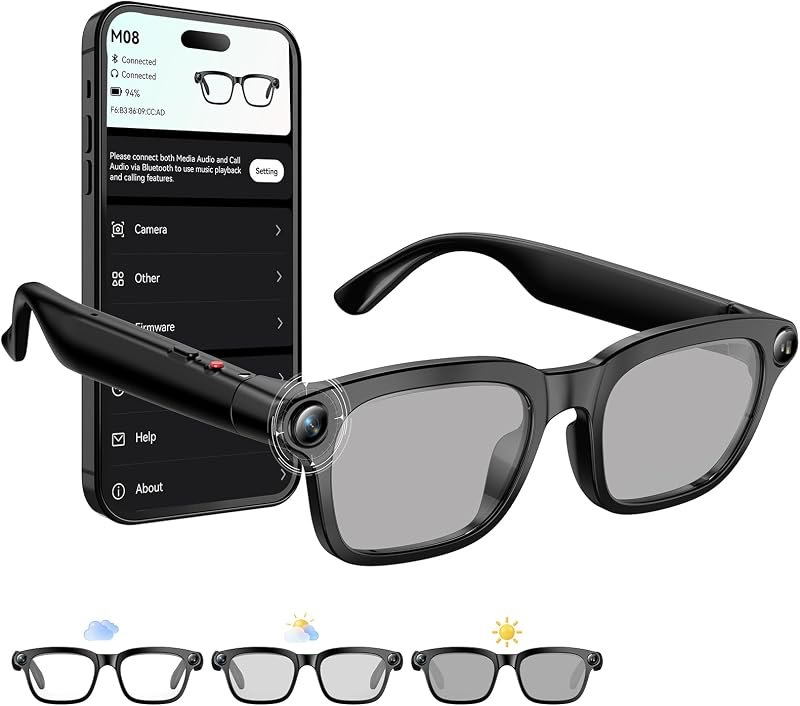 8MP Smart Glasses with Camera, Photochromic Lenses AI Translation — best smart open-ear glasses for smart open ear