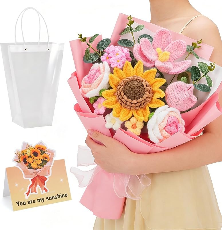 Crochet Flower Bouquet - Handmade Knitted Sunflower Crochet Flowers, Pink Crochet Bouquet Gift for Mom, Wife, Women