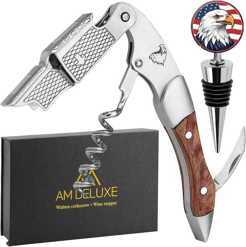 Patriotic Wine Bottle Opener Set: Professional Waiters Corkscrew Wine Opener & Wine Bottle Stopper - Double-Hinged