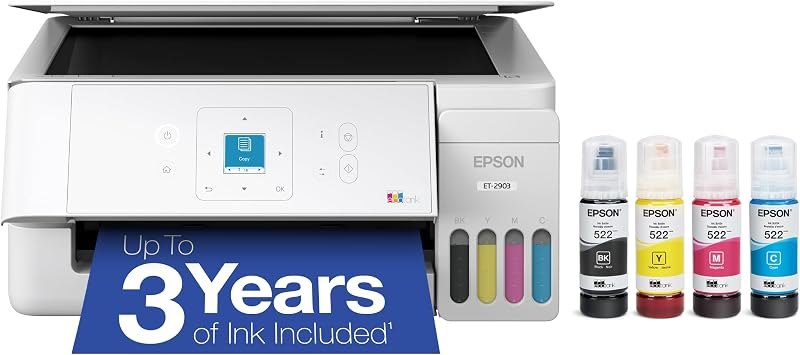 Epson EcoTank ET-2903 Wireless All-in-One Color Supertank Printer with up to 3 Years of Ink, Refillable Tanks, Perfect