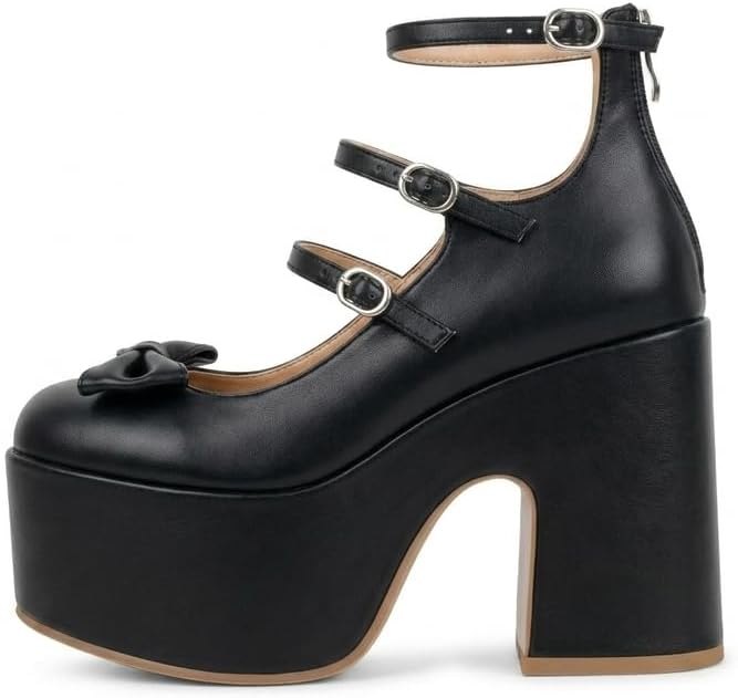 Women's Mary Jane Platform Heels Chunky Block Heel Plaid Fabric Pumps with Bow Round Toe Ankle Strap High Heel Dress