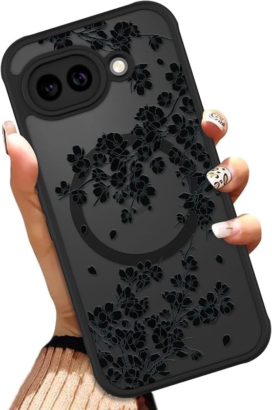 Black Floral Flowers Phone Case Fit for Google Pixel 10A 6.3 Inch — rugged case for google pixel 10a accessories