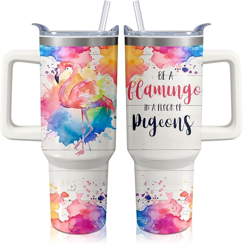 40oz Flamingo Tumbler with Handle and Straw, Ocean Stainless Steel Insulated Cup with Lid and Straw, Travel Coffee Mug