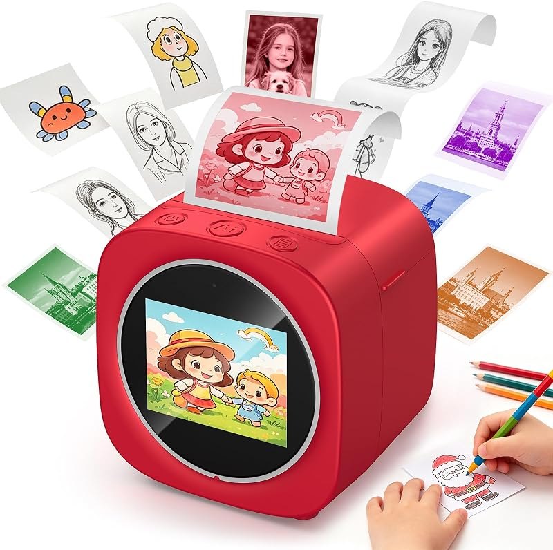 AI Sticker Printer for Kids Ages 3+: Mini Thermal Label Maker Box with 2.4" HD Screen, 10 Art Modes & 10 Paper Rolls