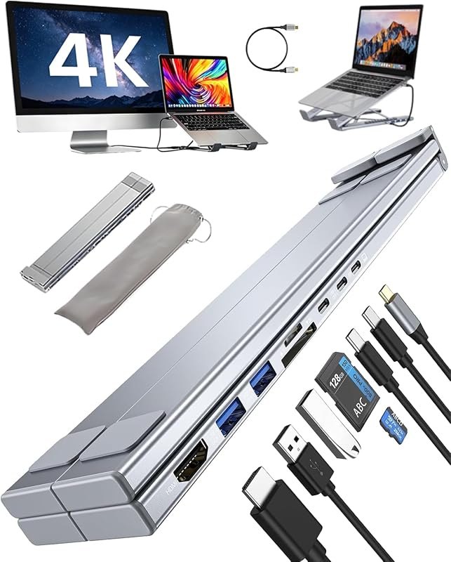 USB C Laptop Stand with Docking Station,8 in 1 Hub Laptop Stand Foldable Computer Riser with 4K HDMIPD 100W Dual Data