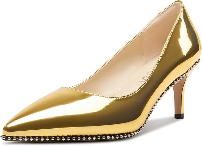 Womens Pointed Toe Patent Leather Pumps Mid Kitten Heel Slip-on Office Beaded Dress Shoes 2.5 Inches Heels — heels