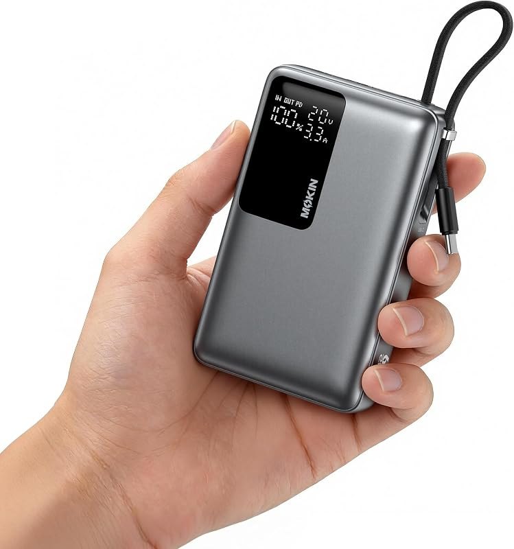 MOKiN 65W Portable Charger, 20000mAh Fast Charging Power Bank with Built-in USB-C Cable, Smart Display Battery Pack