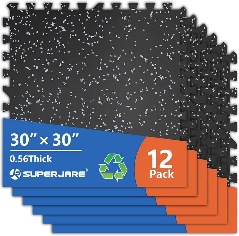 SUPERJARE 30" x 30" Larger Rubber Top Exercise Equipment Mats, 0.56" Thick 12PCS 75 Sq Ft High-Density EVA Foam