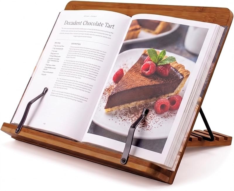 Bamboo Cookbook Stand Medium, Adjustable Book Holder Tray and Page Paper Clips - 4-Position Recipe Book Stand Holds