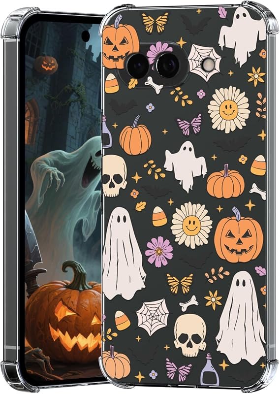 for Google Pixel 10A Case Halloween Ghost Pumpkin,Cute Butterfly Spider Web Design Women Girls Shockproof Soft TPU