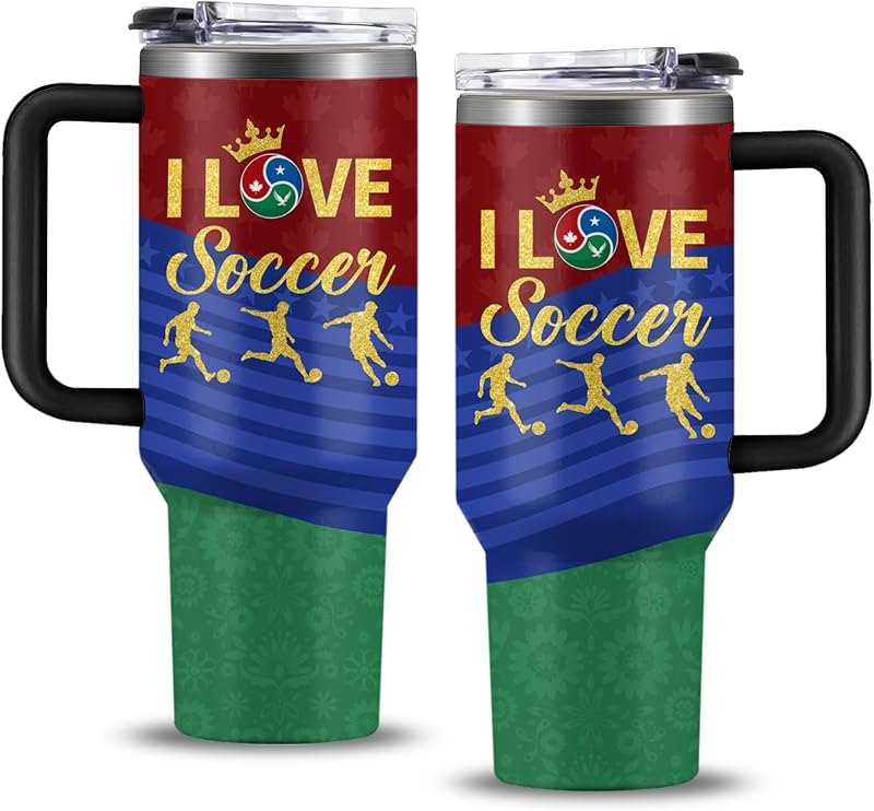 Soccer Gifts for Men Women 40 oz Soccer Tumbler with Handle - Football Sports Theme Travel Mug Stainless Steel