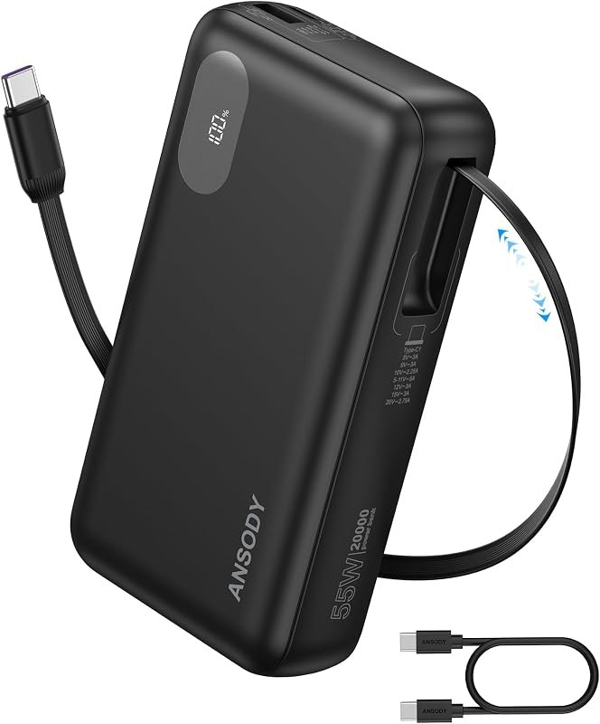 45W Portable Charger, 20000mAh Fast Charging Power Bank Retractable Cable — best 20000mAh power bank for 20000mah
