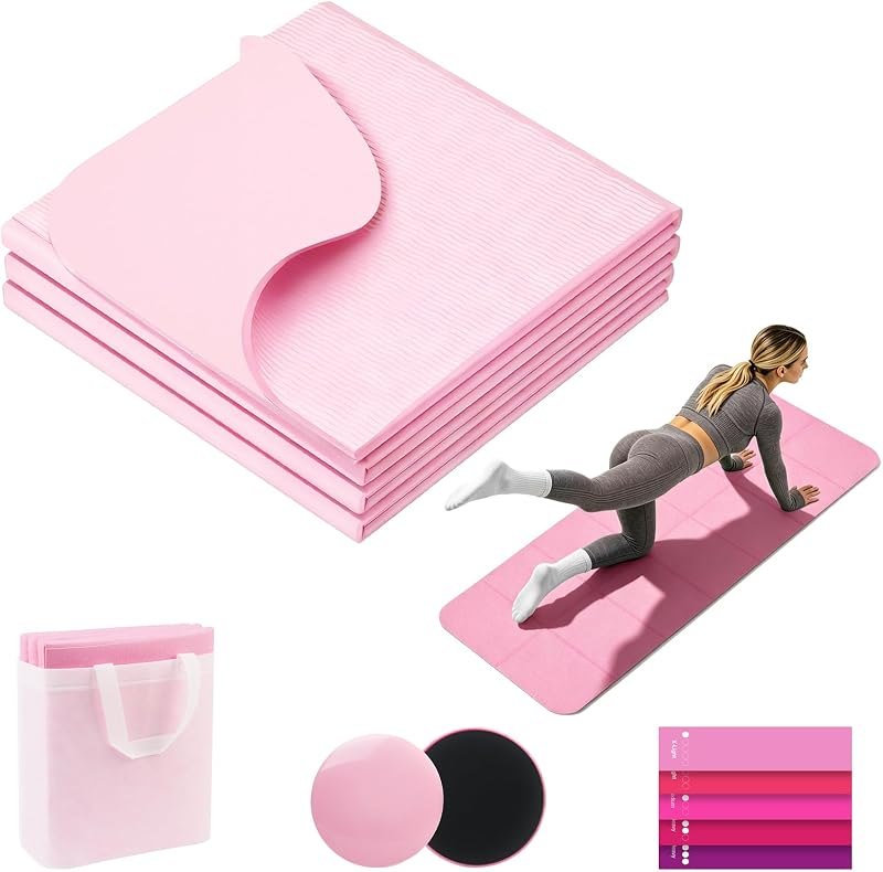 Foldable Yoga Mat with Resistance Band & Sliding Discs, 0.24" Thick Eco-Friendly TPE Non-Slip Workout Mat, Portable