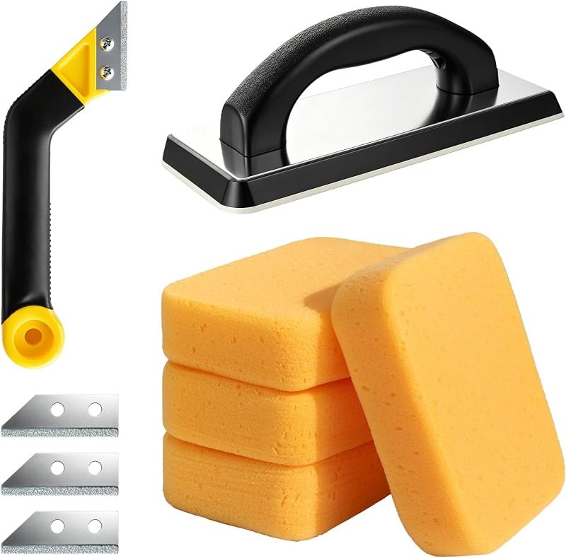 9 Pcs Grout Float Sets Include 9.5 x 4 Inch Molded Rubber Grout Float, 4 Sponge, Angled Tile Saw with 3 Blades