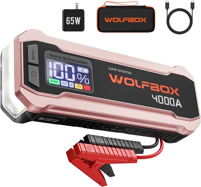WOLFBOX 4000A Jump Starter,12V Pink Car Battery Jumper Starter Portable with 65W Quick Charger,88.8Wh Booster Jump Box