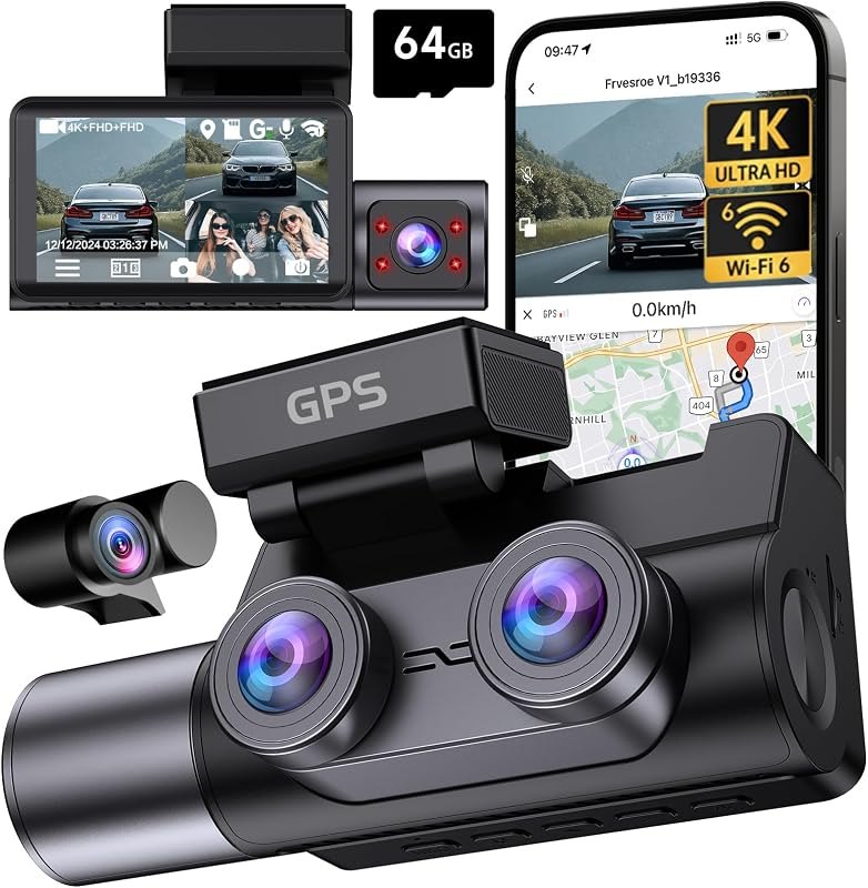 4K Dash Cam Front Rear Inside, 3 Channel Dashcam with WiFi 6 & GPS — rear dash cam amazon for rear dash cam