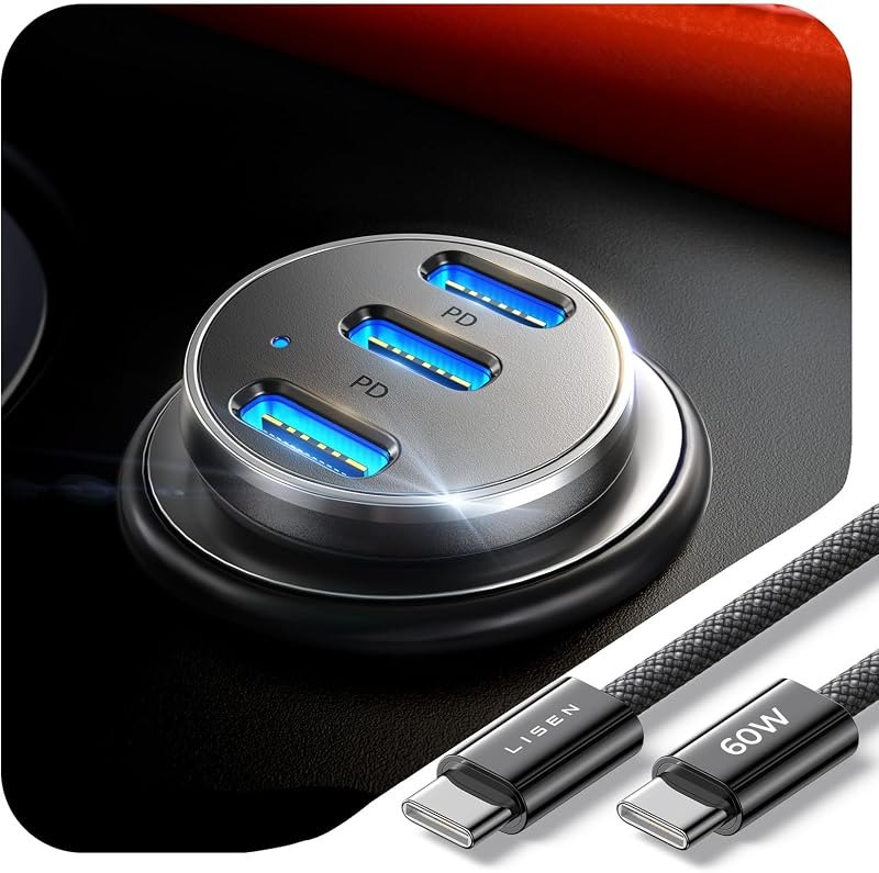 108W Car Charger USB C Fast Charging for iPhone Duo 3-Port Cigarette Lighter Adapter Super Fast Charge 12V Type C Cell
