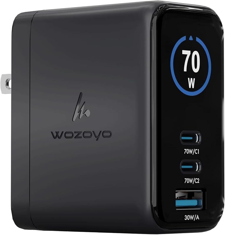 70W Smart LED Wozoyo GaN Charger, 2XType-C & USB-A Superfast 2.0 Charging, Compatible For iPhone 17/16/16 Pro Max/15