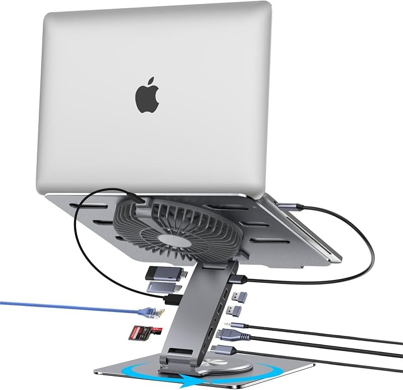 Laptop Docking Station Stand with Fan Aluminum Laptop Riser with USB-C Hub 11-IN-1 4K60Hz HDMI 100W PD Charging USB3.0