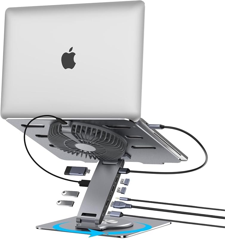 USB-C Hub Laptop Stand with Fan, Aluminum Laptop Riser with Docking Station 9-IN-1, 4K@60Hz HDMI, 100W PD Charging