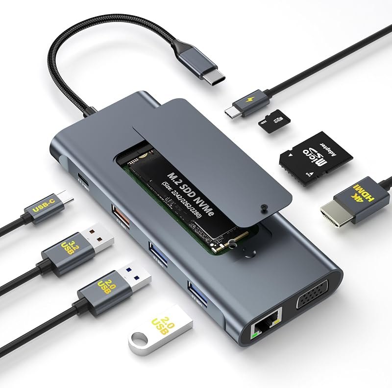 USB C Dock with M.2 NVMe SSD Enclosure, 10Gbps M.2 NVMe SSD Docking Station, USB C Hub with SSD Slot, Laptop Docking