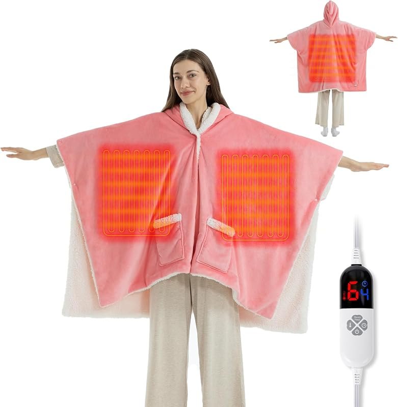 Wearable Heated Blanket Hoodie, Wearable Electric Blanket, Pink — electric Heated throw blanket for electric heated