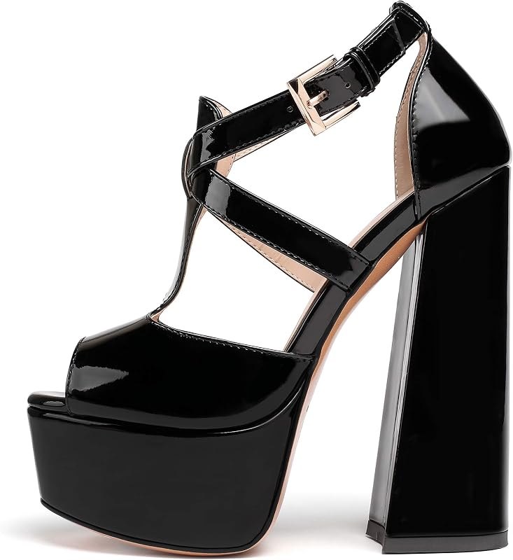 Women's Platform Heels Chuncky Sandals High Heel Ankle Strap Peep Open Toe T-Straps Wedding Party Dress Casual Shoes 6