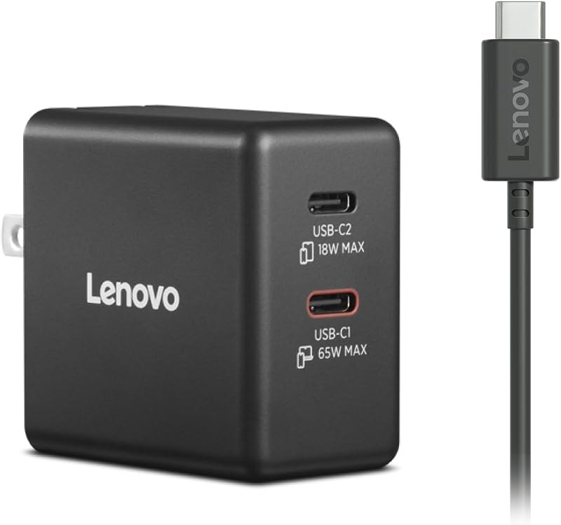 Lenovo Dual USB-C 65W GaN Charger, 2 USB-C Ports, for Laptops/Tablets & Phones & More, Compact Size, Foldable Plug