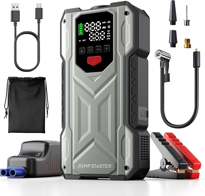 Pabulum Car Jump Starter with Air Compressor, Portable Battery Charger jumpstart 12V Vehicles(9.0Gas 8.0LDiesel), Car