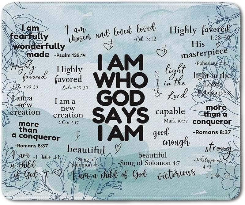 Inspirational Christian God Says I Am Mouse Pad, Blue Floral Bible Verse Affirmation Mouse Pads Mousepad for Home
