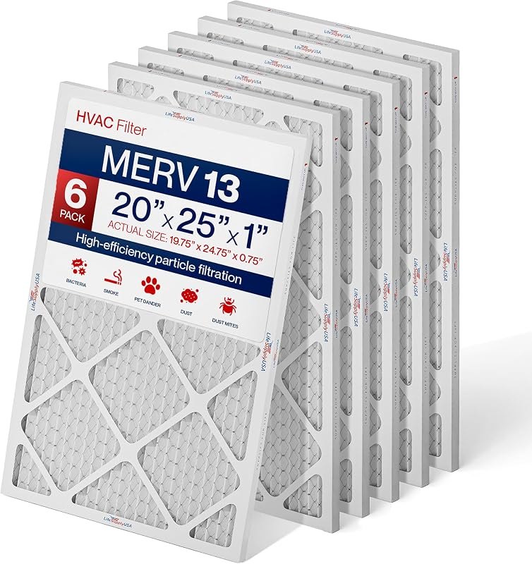 20x25x1 MERV 13 Air Filter, Pleated AC Furnace HVAC Filter by LifeSupplyUSA, High Efficiency Home Air Filter (6 Pack)
