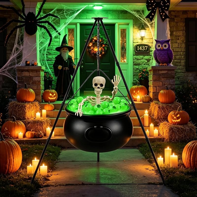 Halloween Decorations Set, 12.6 Inches Plastic Witch Cauldron on Tripod with Eyeball String Lights and Skeleton, Black