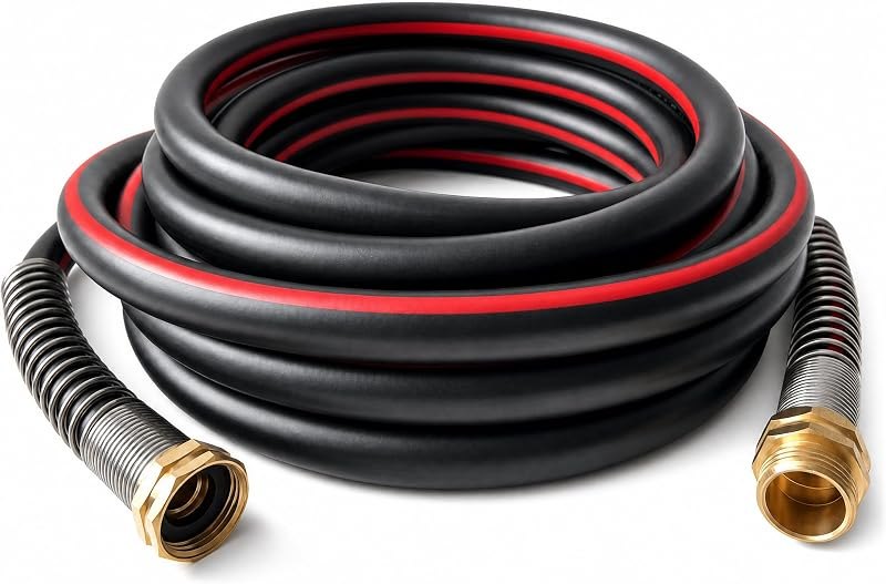 25FT RV Black Water Hose, 5/8" Hybrid No-Kink Sewer Flush Hose with 3/4" Solid Brass Fittings, Flexible Camper Tank