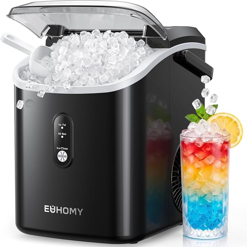 EUHOMY Nugget Ice Maker Countertop with Handle, Ready in 6 Mins, 34lbs Per Day, Removable Top Cover, Auto-Cleaning
