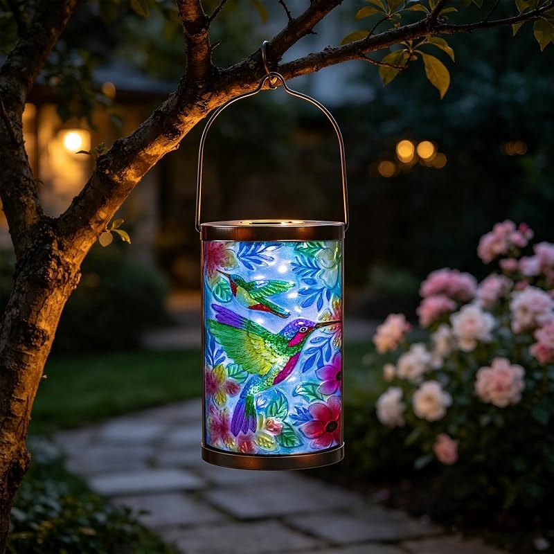 Hummingbird Solar Lantern, Hanging Glass Outdoor Garden Light — solar work light amazon for solar work light