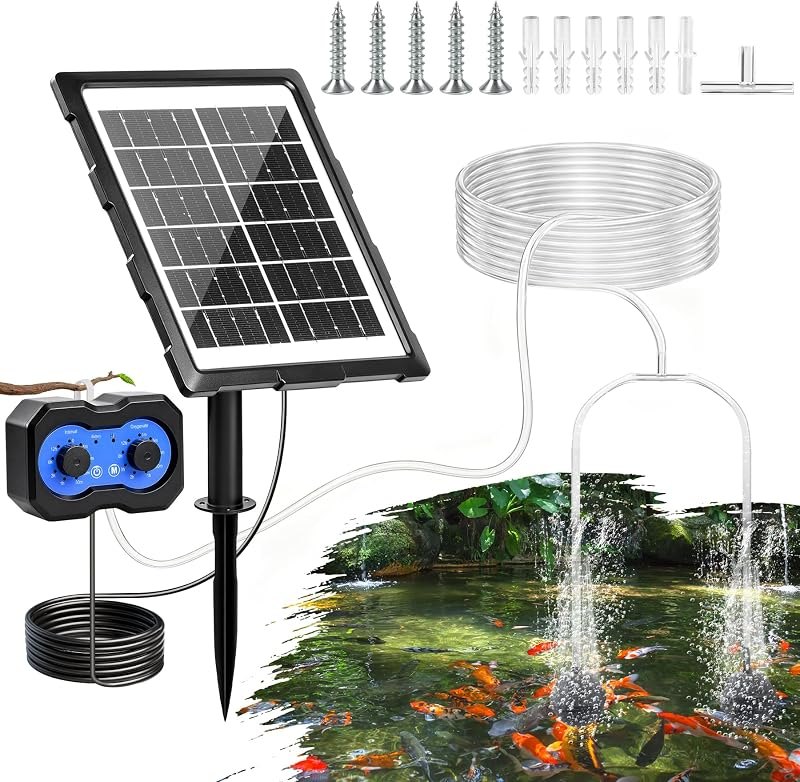 3W Solar Pond Aerator, Solar Aquarium Air Pump with 2 Air Stones, Dual Working Modes, Solar Pond Oxygen Pump for Fish