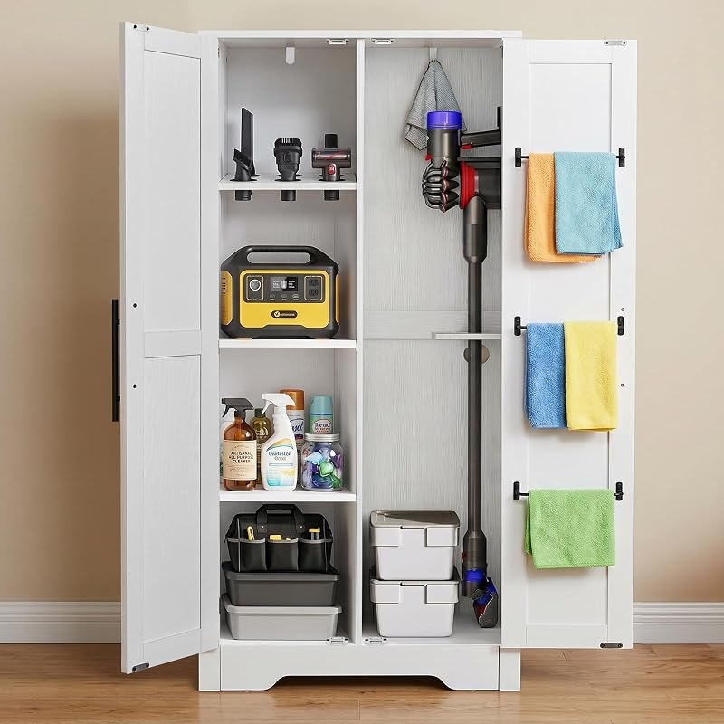 NORTHSKY Wooden Storage Cabinet, Broom Closet & Vacuum Cleaner Storage Compatible with Dyson Vacuum, Utility Cabinet