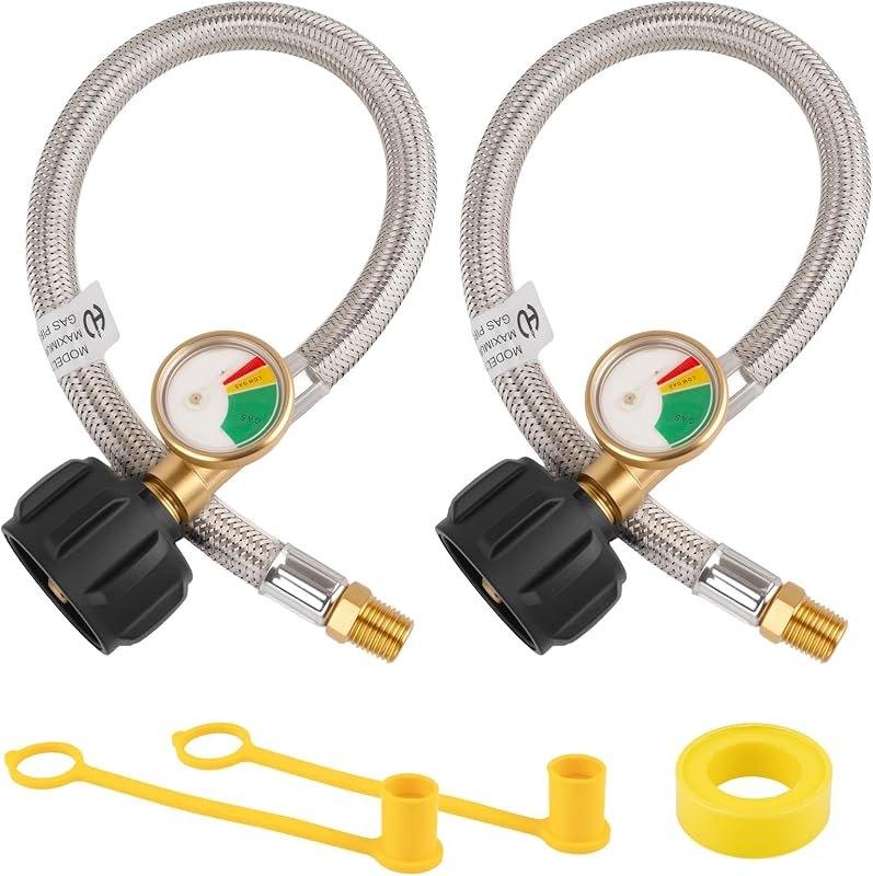 2PCS 15 IN RV Propane Hose with Pressure Gauge, 1/4" Male, 250PSI — best rv regulators for regulators