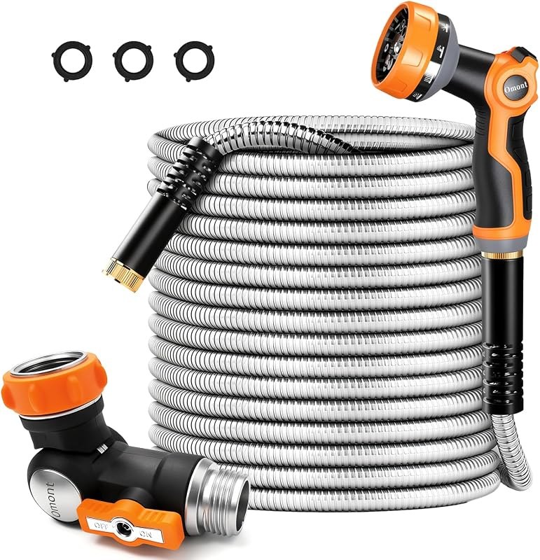 Metal Garden Hose 50FT with Swivel Connector, Heavy Duty 304 Stainless Steel Water Hoses with Nozzle, Flexible Garden