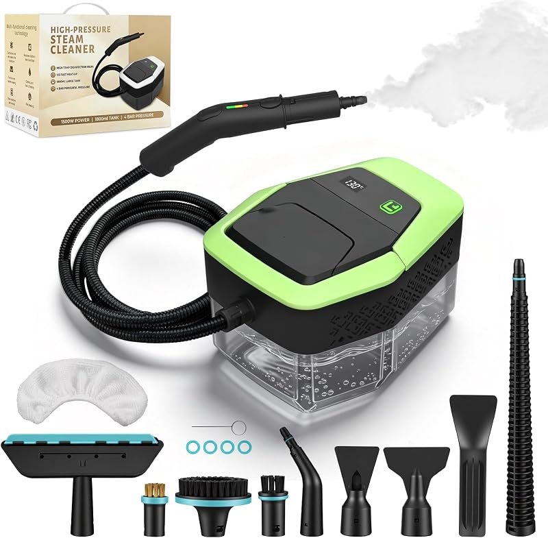 Steam Cleaner,Handheld Steam Cleaner 1500W Low Pressure, 15s Fast Heating, 1.8L Water Tank, with 12 Accessories for