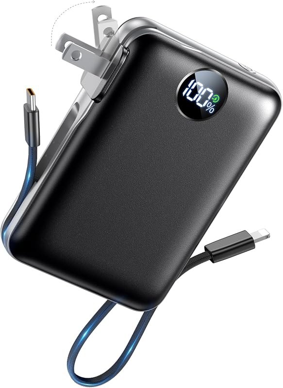Portable Charger Power Bank 10000mAh, 45% Smaller Built-in Cables & AC Plug — power bank USB-C 65W for power bank usb