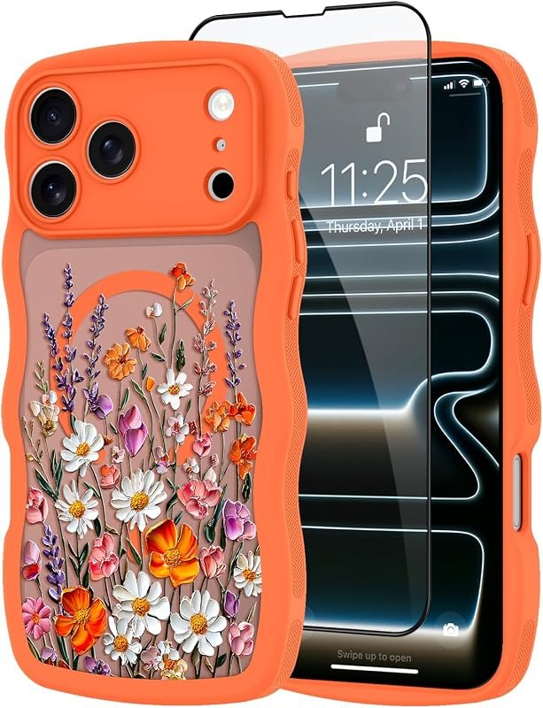 tharlet for iPhone 17 Pro Max Case Orange Curly Wave Edge Oil Paint Flower — case for iphone pro max accessories