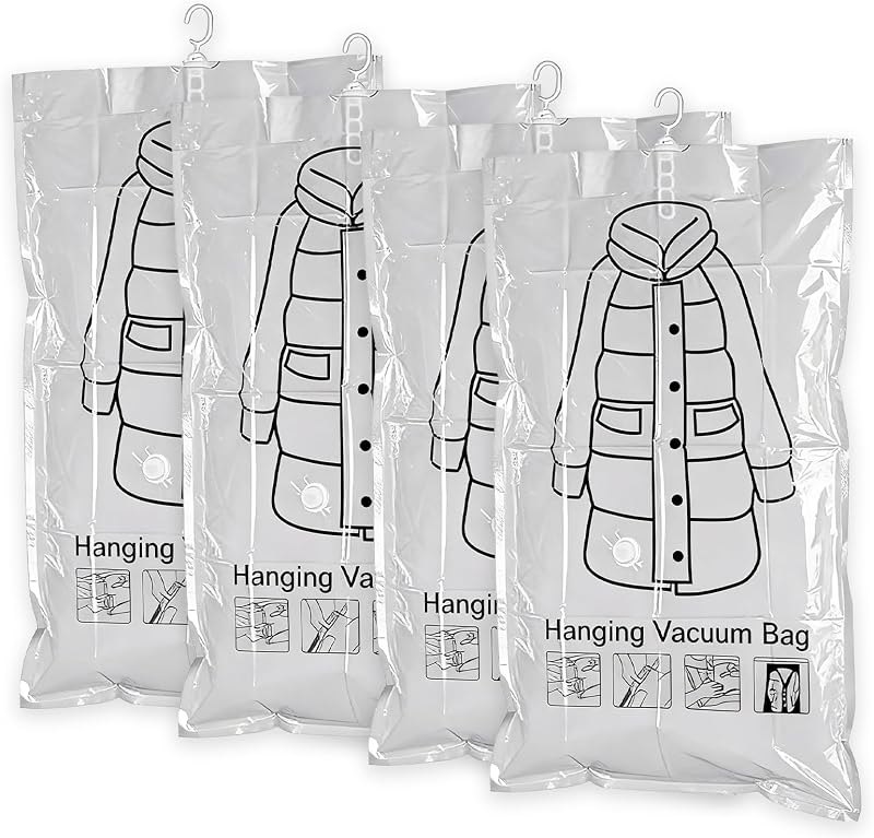 4 Pack Hanging Vacuum Storage Bags 26.4 x 43.3 in - Space Saving Garment Bags with Hand Pump, Rotating Hook - Clear