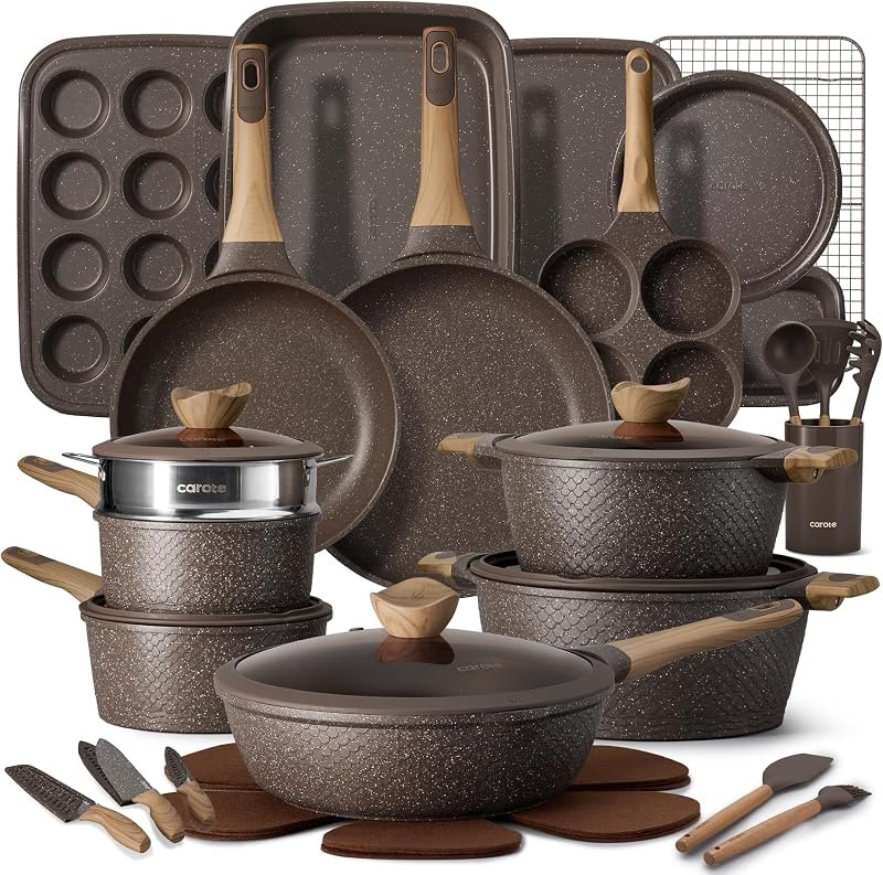 CAROTE 39pcs Pots and Pans Set, Nonstick Cookware Sets with Bakeware — Pans, knives, coffee gear, and kitch for pans