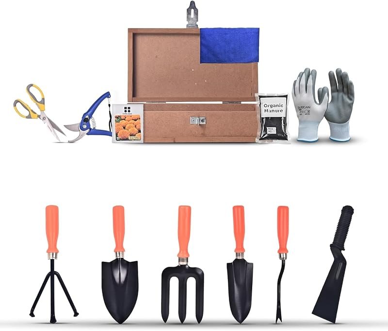 12-Piece Heavy Duty Gardening Tool Kit with Wooden Storage Box, Pruner, Scissor, Organic Manure and Seeds, for Home