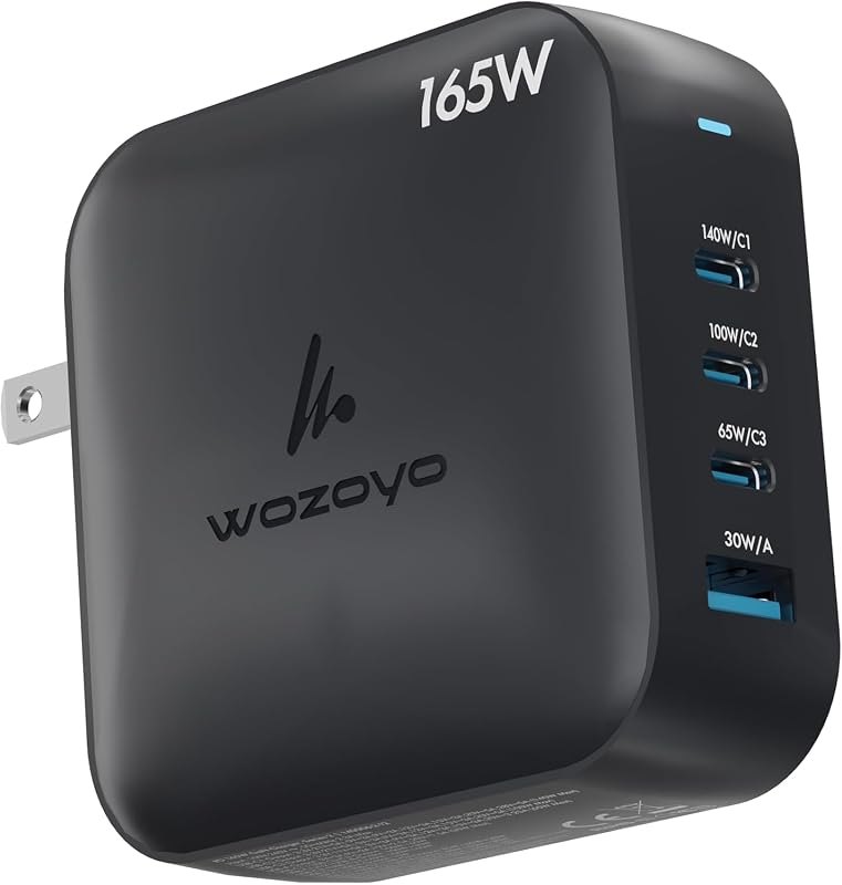 165W GaN Charger, Wozoyo 3XType-C & USB-A Superfast 2.0 Charging, Compatible for iPhone 17/16/16 Pro Max/15