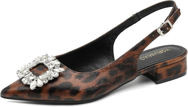 Women's Slingback Low Heel Pumps, Pointed Toe Rhinestone Buckle Sandals, Black Leather Comfortable Backless Dress