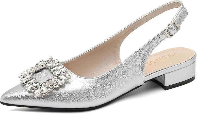 Women's Slingback Low Heel Pumps, Pointed Toe Rhinestone Buckle Sandals, Black Leather Comfortable Backless Dress
