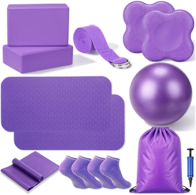 Thenshop 12 Pcs Home Pilates Kit for Women Workouts, Purple Yoga Equipment Set with Yoga Mats Socks Balls Blocks